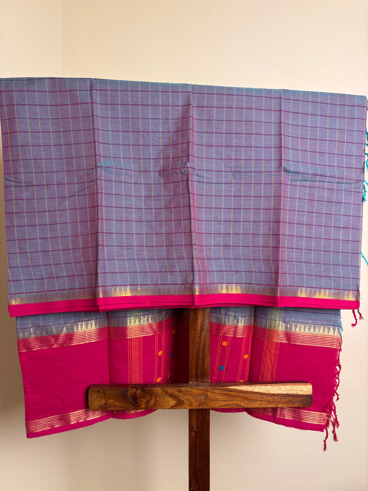 Premium Vintage Kanchi - Teal Blue & Pink dual tone checks