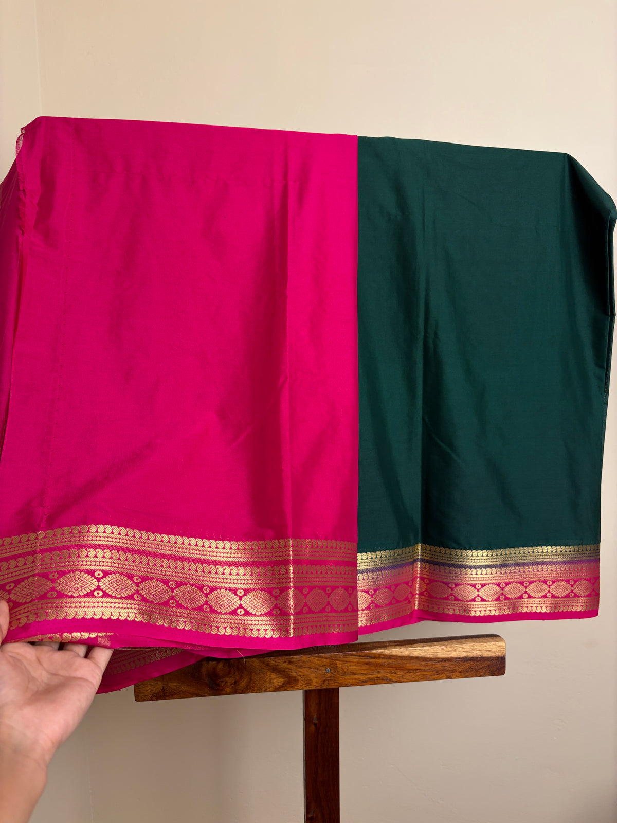 Premium Crape Silk - Bottle Green & Pink