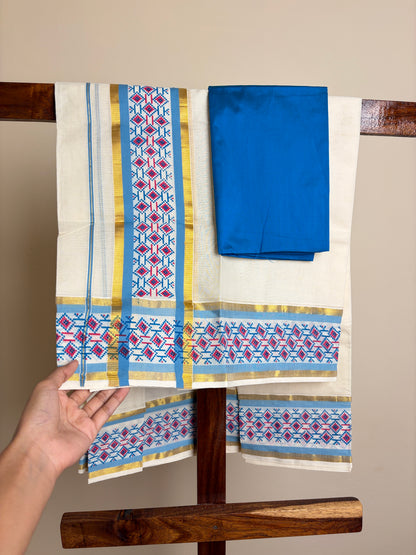 Set Mundu - Blue & Pink