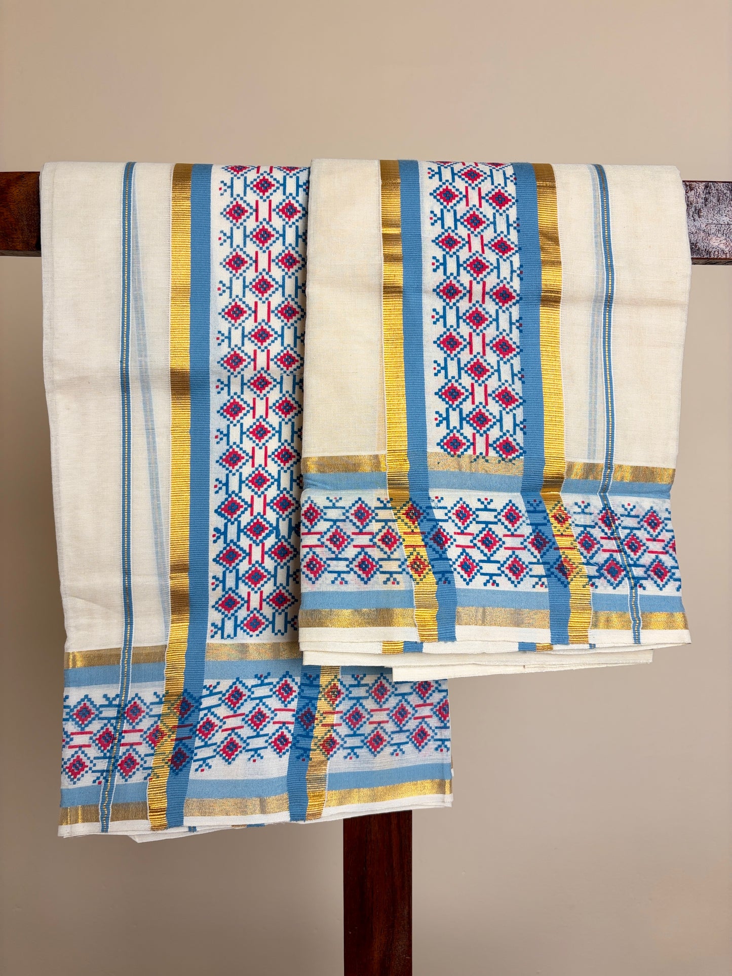 Set Mundu - Blue & Pink